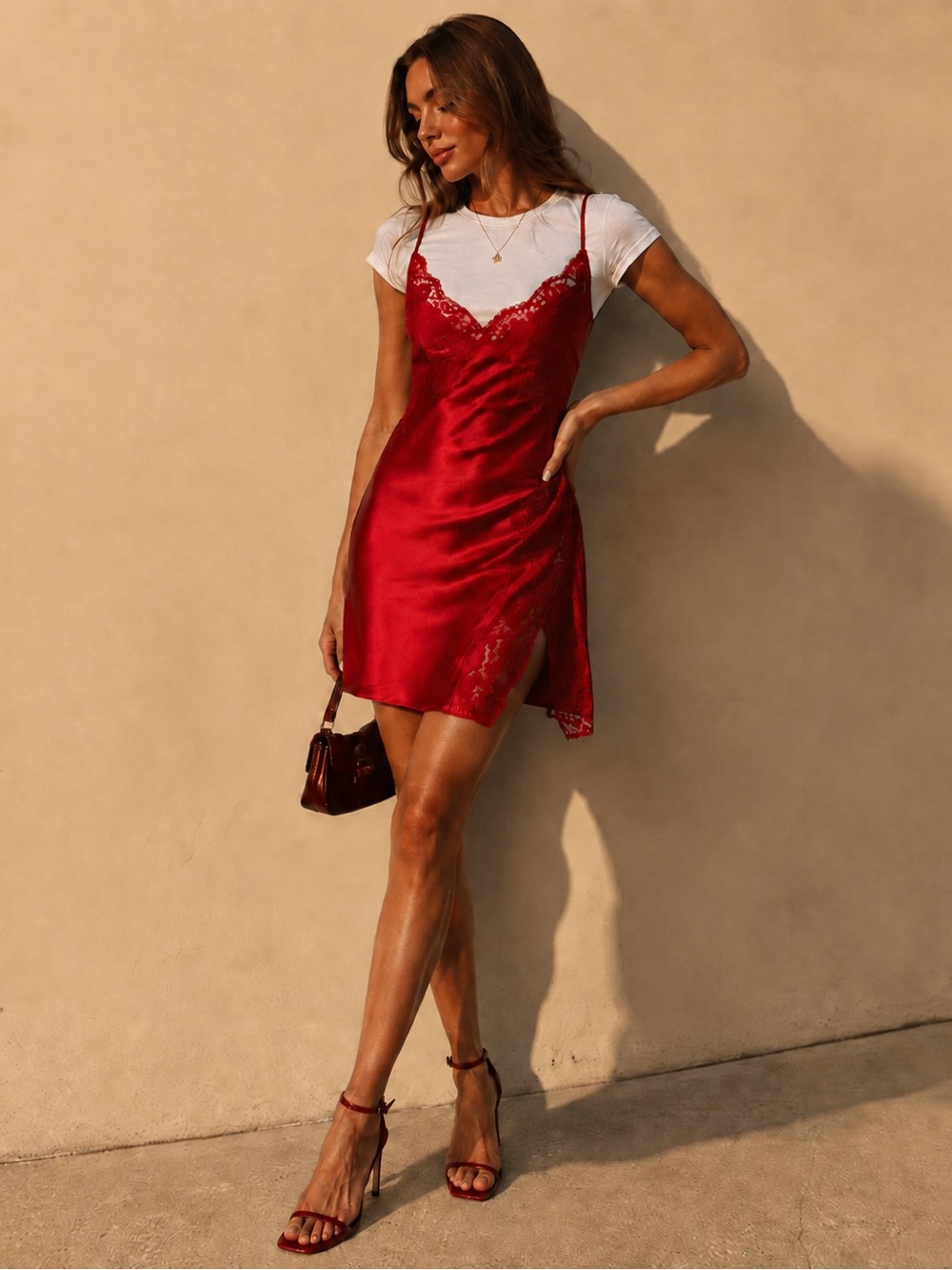 Victoria's Secret Red Satin Lace Trim Chemise Slip Mini Dress Adjustable Strap M